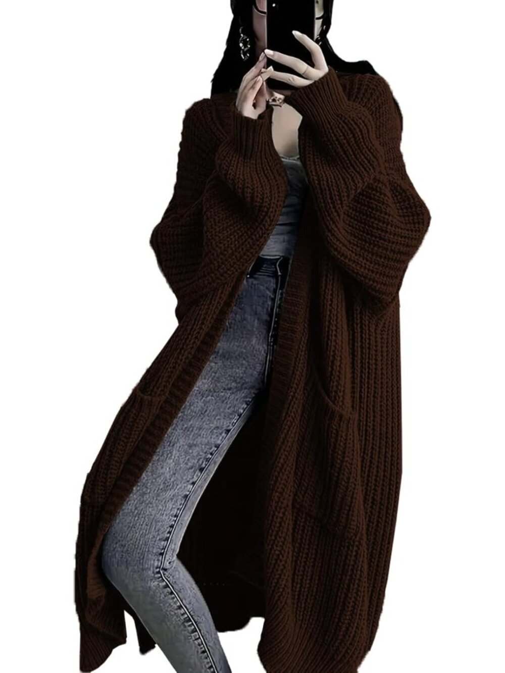 Oversized Open Front Long Cardigan Sweater with Pockets - Fall Winter Knit Coat